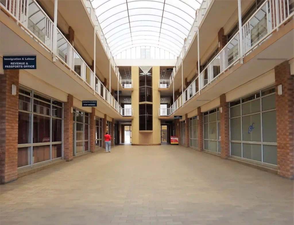 Courtyard at Loapi House Gaborone with government Immigration Labour Revenue Passports offices to left and Loapi Business Centre offices to right